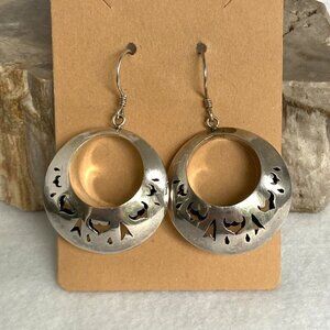 Sterling Silver 925 Chunky Round Cut Out Pierced Dangle Crescent Hoop Earrings